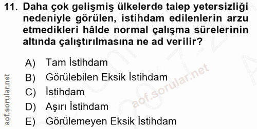 11. soru: Daha çok gelişmiş ülkelerde talep yetersizliği nedeniyle görülen, istihdam edilenlerin arzu etmedikleri hâlde normal…