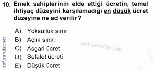 10. soru: Emek sahiplerinin elde ettiği ücretin, temel ihtiyaç düzeyini karşılamadığı en düşük ücret düzeyine ne ad verilir? A)…