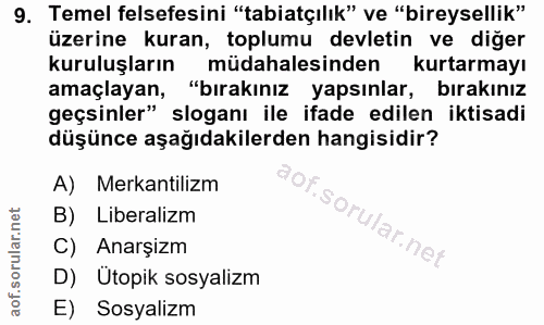 9. soru: Temel felsefesini "tabiatçılık" ve "bireysellik" üzerine kuran, toplumu devletin ve diğer kuruluşların müdahalesinden…