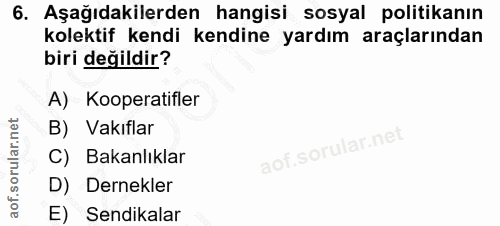 6. soru: Aşağıdakilerden hangisi sosyal politikanın kolektif kendi kendine yardım araçlarından biri değildir? A) Kooperatifler…