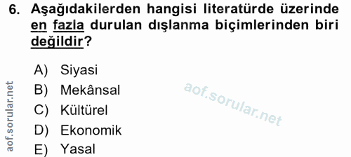 6. soru: Aşağıdakilerden hangisi literatürde üzerinde en fazla durulan dışlanma biçimlerinden biri değildir? A) Siyasi B) Mekâ…