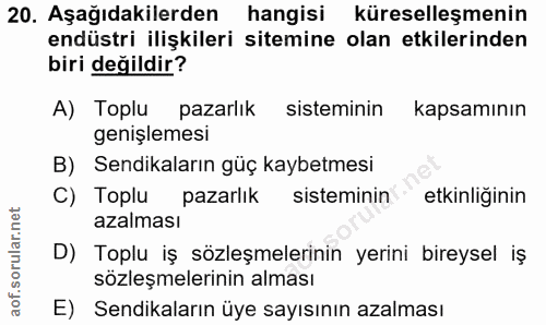 20. soru: Aşağıdakilerden hangisi küreselleşmenin endüstri ilişkileri sitemine olan etkilerinden biri değildir? A) Toplu pazarl…