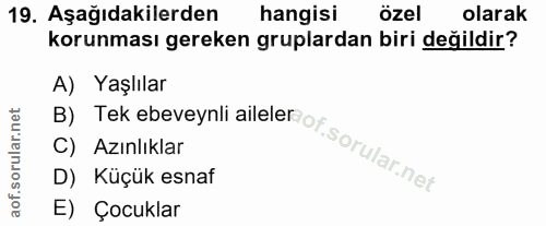 19. soru: Aşağıdakilerden hangisi özel olarak korunması gereken gruplardan biri değildir? A) Yaşlılar C) Azınlıklar B) Tek ebev…