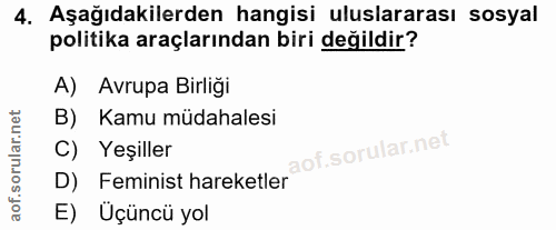 4. soru: Aşağıdakilerden hangisi uluslararası sosyal politika araçlarından biri değildir? A) Avrupa Birliği B) Kamu müdahalesi…