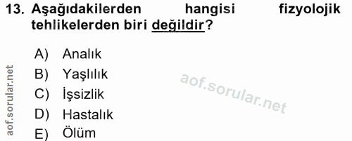 13. soru: Aşağıdakilerden hangisi fizyolojik tehlikelerden biri değildir? A) Analık B) Yaşlılık C) İşsizlik D) Hastalık E) Ölüm