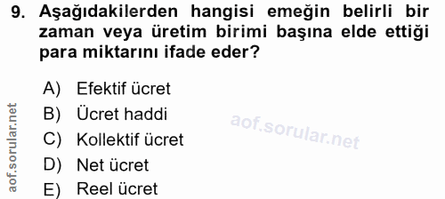 9. soru: Aşağıdakilerden hangisi emeğin belirli bir zaman veya üretim birimi başına elde ettiği para miktarını ifade eder? A)…