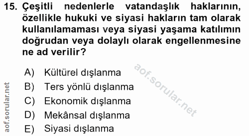 15. soru: Çeşitli nedenlerle vatandaşlık haklarının, özellikle hukuki ve siyasi hakların tam olarak kullanılamaması veya siyasi…