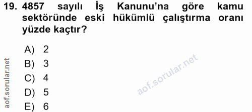 19. soru: 4857 sayılı Iş Kanunu'na göre kamu sektöründe eski hükümlü çalıştırma oranı yüzde kaçtır? A) 2 B) 3 C) 4 D) 5 E) 6