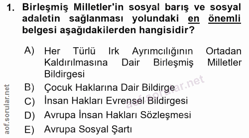 1. soru: Birleşmiş Milletler'in sosyal barış ve sosyal adaletin sağlanması yolundaki en önemli belgesi aşağıdakilerden hangisi…