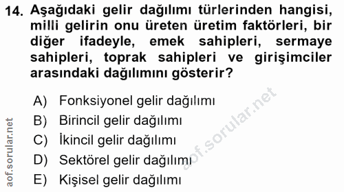 14. soru: Aşağıdaki gelir dağılımı türlerinden hangisi, milli gelirin onu üreten üretim faktörleri, bir diğer ifadeyle, emek sa…