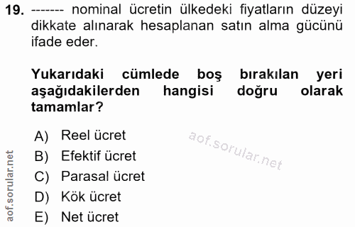 19. soru: — nominal ücretin ülkedeki fiyatların düzeyi dikkate alınarak hesaplanan satın alma gücünü ifade eder. Yukarıdaki cüm…