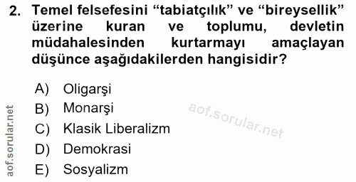 2. soru: Temel felsefesini "tabiatçılık" ve "bireysellik" üzerine kuran ve toplumu, devletin müdahalesinden kurtarmayı amaçlay…