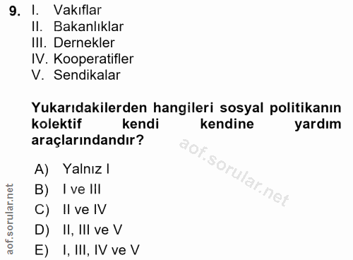 9. soru: I. Vakıflar II. Bakanlıklar IlI. Dernekler IV. Kooperatifler V. Sendikalar Yukarıdakilerden hangileri sosyal politika…