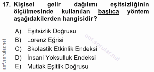 17. soru: Kişisel gelir dağılımı eşitsizliğinin ölçülmesinde kullanılan başlıca yöntem aşağıdakilerden hangisidir? A) Eşitsizli…