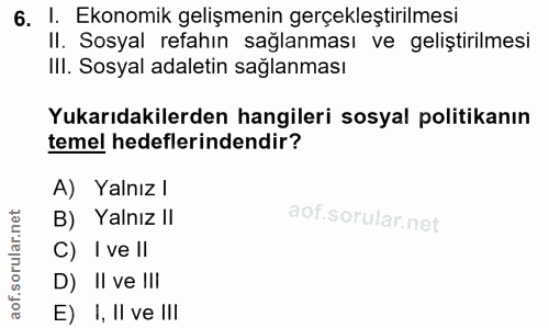 6. soru: I. Ekonomik gelişmenin gerçekleştirilmesi II. Sosyal refahın sağlanması ve geliştirilmesi IlI. Sosyal adaletin sağlan…