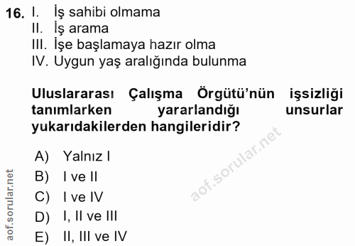 16. soru: 1. İş sahibi olmama II. Iș arama III. Işe başlamaya hazır olma IV. Uygun yaş aralığında bulunma Uluslararası Çalışma…