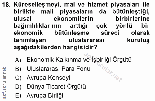 18. soru: Küreselleşmeyi, mal ve hizmet piyasaları ile birlikte mali piyasaların da bütünleştiği, ulusal ekonomilerin birbirler…