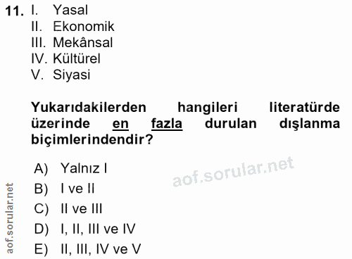 11. soru: I. Yasal II. Ekonomik III. Mekânsal IV. Kültürel V. Siyasi Yukarıdakilerden hangileri literatürde üzerinde en fazla d…