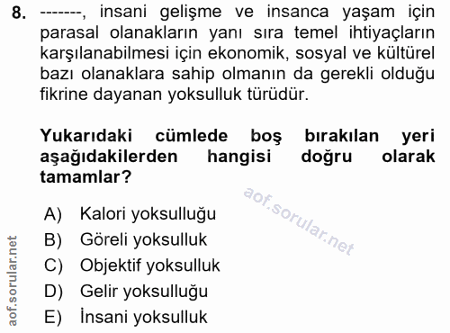 8. soru: -----, insani gelişme ve insanca yaşam için parasal olanakların yanı sıra temel ihtiyaçların karşılanabilmesi için ek…