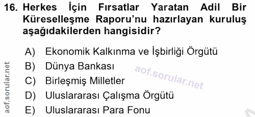 16. soru: Herkes İçin Fırsatlar Yaratan Adil Bir Küreselleşme Raporu'nu hazırlayan kuruluş aşağıdakilerden hangisidir? A) Ekono…