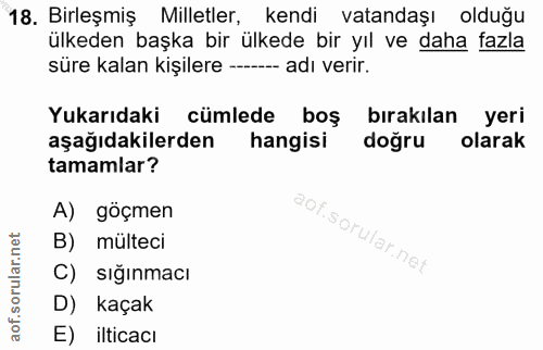 18. soru: Birleşmiş Milletler, kendi vatandaşı olduğu ülkeden başka bir ülkede bir yıl ve daha fazla süre kalan kişilere - adı…