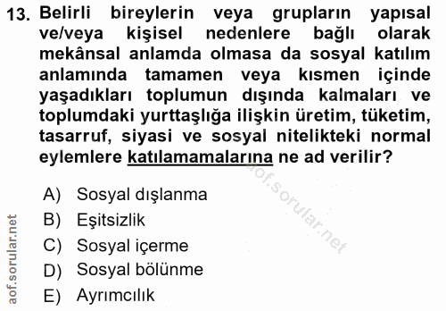 13. soru: Belirli bireylerin veya grupların yapısal ve/veya kişisel nedenlere bağlı olarak mekânsal anlamda olmasa da sosyal ka…