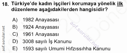 18. soru: Türkiye'de kadın işçileri korumaya yönelik ilk düzenleme aşağıdakilerden hangisidir? 1982 Anayasası B) 1924 Anayasası…