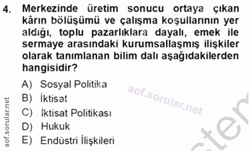 4. soru: Merkezinde üretim sonucu ortaya çıkan kârın bölüşümü ve çalışma koşullarının yer aldığı, toplu pazarlıklara dayalı, e…