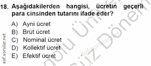 18. soru: Aşağıdakilerden hangisi,, ücretin geçerli para cinsinden tutarını ifade eder? A) Ayni ücret B) Brüt ücret C) Nominal…
