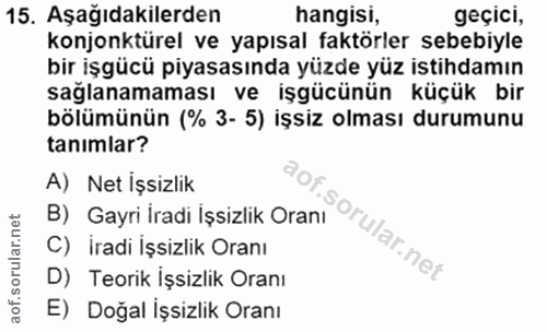 15. soru: Aşağıdakilerden hangisi, geçici, konjonktürel ve yapısal faktörler sebebiyle bir işgücü piyasasında yüzde yüz istihda…