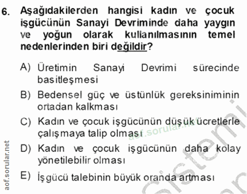 6. soru: Aşağıdakilerden hangisi kadın ve çocuk işgücünün Sanayi Devriminde daha yaygın ve yoğun olarak kullanılmasının temel…