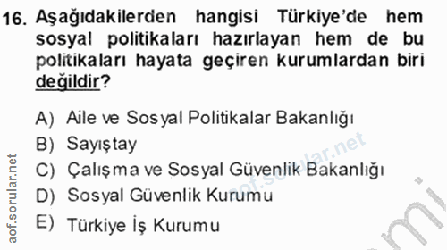 16. soru: Aşağıdakilerden hangisi Türkiye'de hem sosyal politikaları hazırlayan hem de bu politikaları hayata geçiren kurumlard…