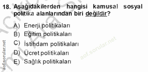 18. soru: Aşağıdakilerden hangisi kamusal sosyal politika alanlarından biri değildir? A) Enerji politikaları B) Eğitim politika…