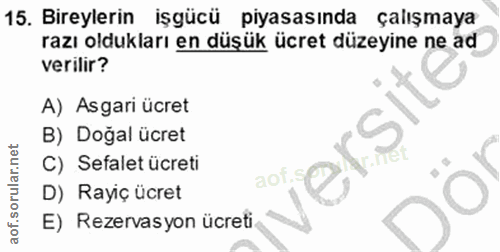 15. soru: Bireylerin işgücü piyasasında çalışmaya razı oldukları en düşük ücret düzeyine ne ad verilir? A) Asgari ücret B) Doğa…
