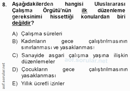 8. soru: Aşağıdakilerden hangisi Uluslararası Çalışma Örgütü'nün ilk düzenleme gereksinimi hissettiği konulardan biri değildir…