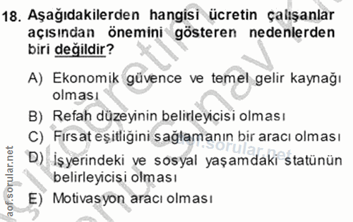 18. soru: Aşağıdakilerden hangisi ücretin çalışanlar açısından önemini gösteren nedenlerden biri değildir? A) Ekonomik güvence…