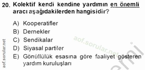 20. soru: Kolektif kendi kendine yardımın en önemli aracı aşağıdakilerden hangisidir? A) Kooperatifler B) Dernekler C) Sendikal…