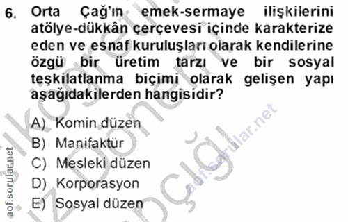 6. soru: Orta Çağ'ın emek-sermaye ilişkilerini atölye-dükkân çerçevesi içinde karakterize eden ve esnaf kuruluşları olarak ken…