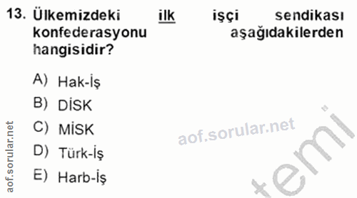 13. soru: Ülkemizdeki ilk işçi sendikası konfederasyonu aşağıdakilerden hangisidir? A) Hak-iş B) DISK C) MiSK D) Türk-iş emi E)…