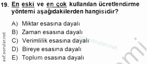 19. soru: En eski ve en çok kullanılan ücretlendirme yöntemi aşağıdakilerden hangisidir? A) Miktar esasına dayalı B) Zaman esas…