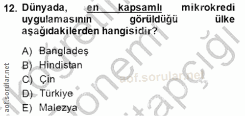 12. soru: Dünyada, en kapsamlı mikrokredi uygulamasının görüldüğü ülke aşağıdakilerden hangisidir? A) Bangladeş B) Hindistan 2i…
