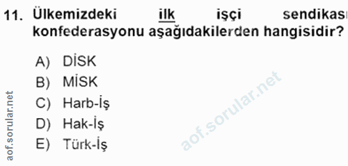 11. soru: Ülkemizdeki ilk işçi sendikas konfederasyonu aşağıdakilerden hangisidir? A) DISK B) MISK C) Harb-iş D) Hak-Iş E) Türk-iş