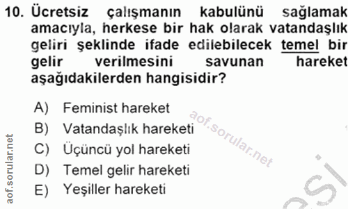 10. soru: Ücretsiz çalışmanın kabulünü sağlamak amacıyla, herkese bir hak olarak vatandaşlık geliri şeklinde ifade edilebilecek…