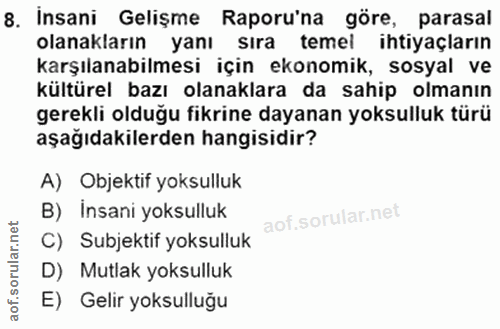 8. soru: İnsani Gelişme Raporu'na göre, parasal olanakların yanı sıra temel ihtiyaçların karşılanabilmesi için ekonomik, sosya…