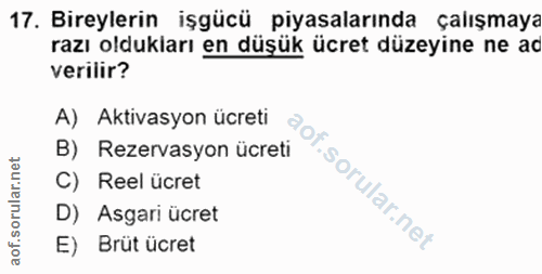 17. soru: Bireylerin işgücü piyasalarında çalışmaya razı oldukları en düşük ücret düzeyine ne ac verilir? A) Aktivasyon ücreti…
