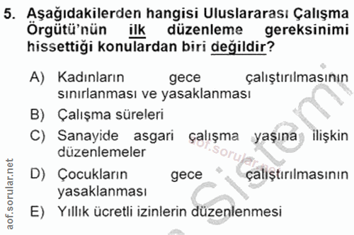 5. soru: Aşağıdakilerden hangisi Uluslararası Çalışma Örgütü'nün ilk düzenleme gereksinimi hissettiği konulardan biri değildir…