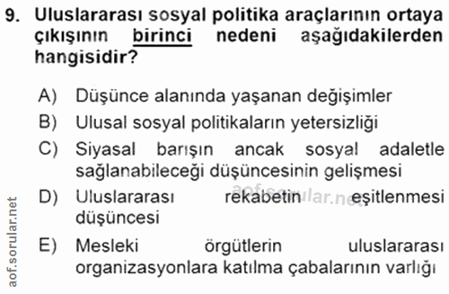9. soru: Uluslararası sosyal politika araçlarının ortaya çıkışının birinci nedeni aşağıdakilerden hangisidir? A) Düşünce alanı…