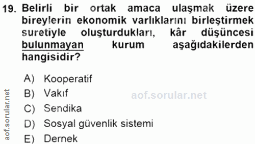 19. soru: Belirli bir ortak amaca ulaşmak üzere bireylerin ekonomik varlıklarını birleştirmek suretiyle oluşturdukları, kâr düş…