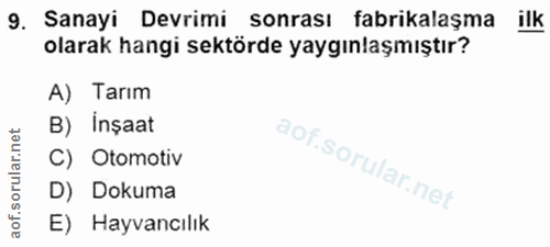 9. soru: Sanayi Devrimi sonrası fabrikalaşma ilk olarak hangi sektörde yaygınlaşmıştır? A) Tarım B) İnşaat orular.net C) Otomo…