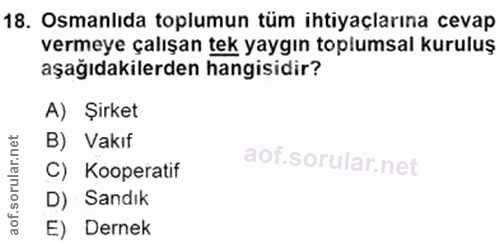 18. soru: Osmanlıda toplumun tüm ihtiyaçlarına cevap vermeye çalışan tek yaygın toplumsal kuruluş aşağıdakilerden hangisidir? A…